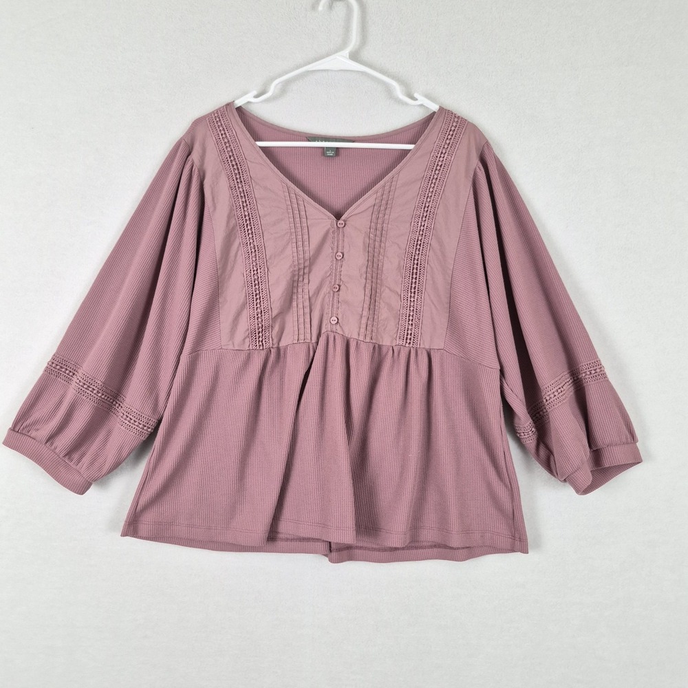 Sharagano Mauve Pink Size L Waffle Knit Babydoll Top Puff Sleeve Boho Crochet